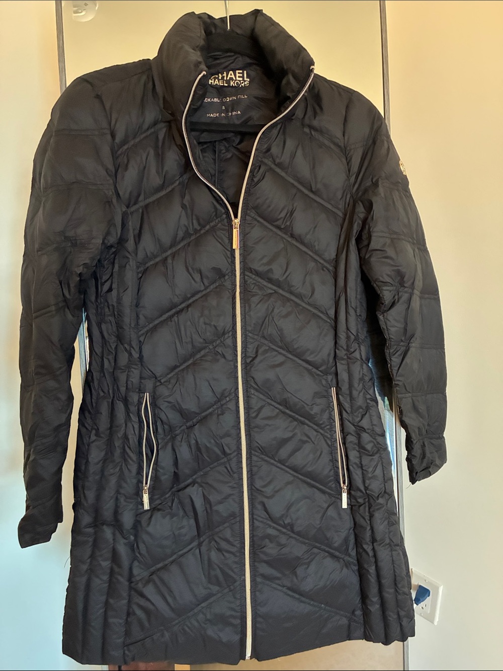 Michael Kors Black Quilted Long Puffer Coat with Gold-Tone Zipper